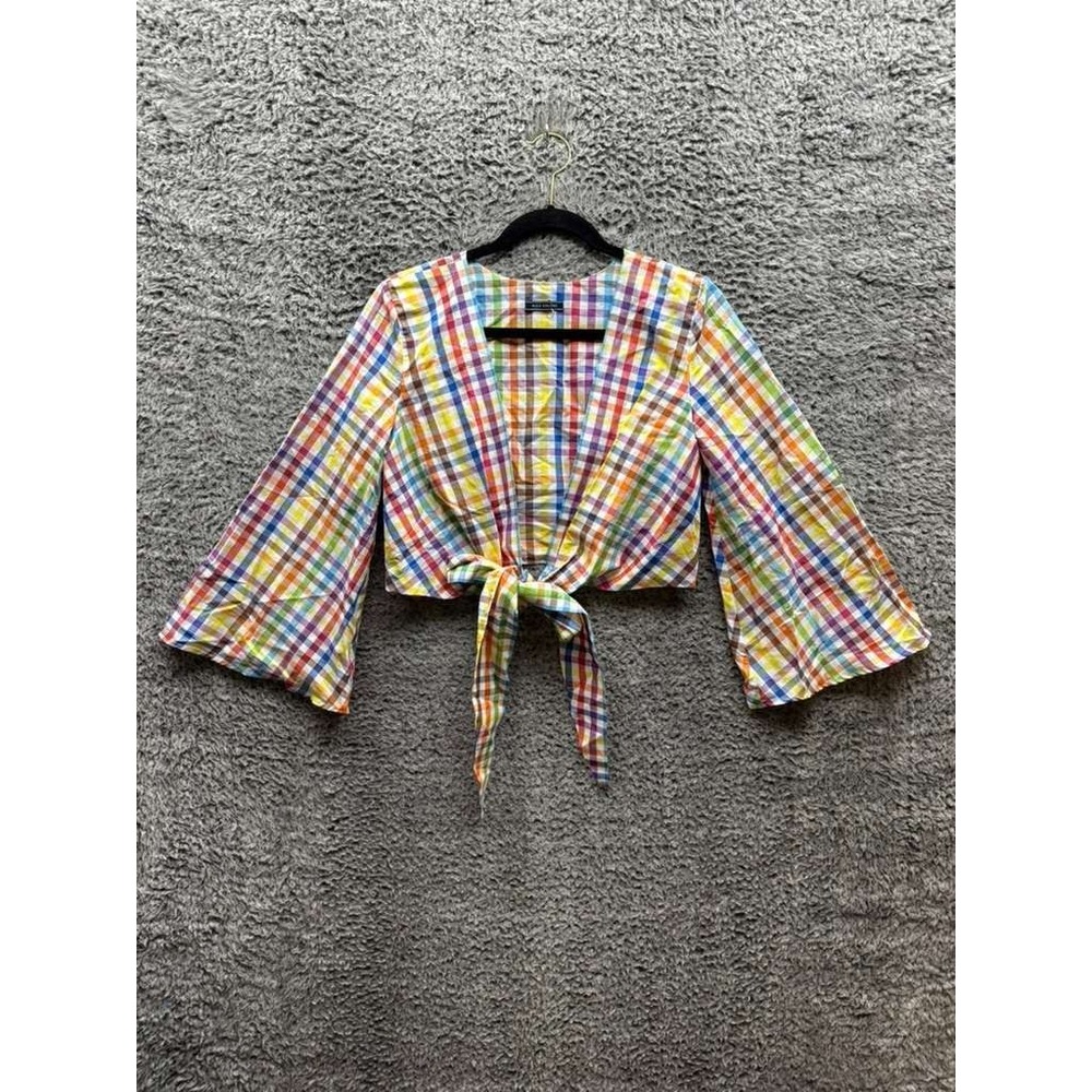 MDS Stripes Everything Tie-Front Long Sleeve Crop Top Rainbow Check Women Size 2